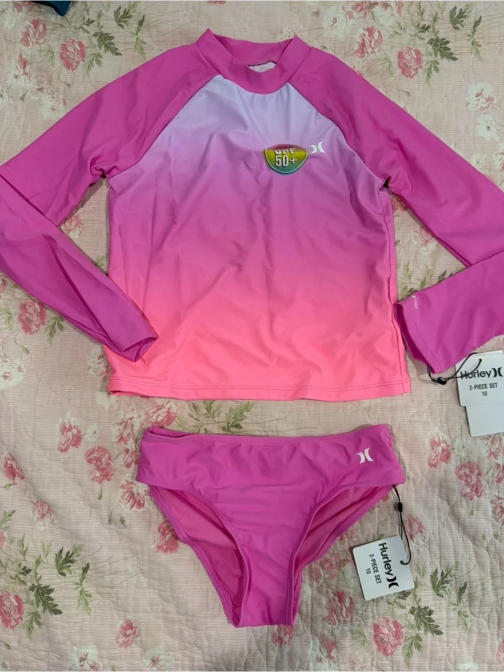 Hurley Girls Long Sleeve Rash Guard Swimsuit Ombre size 10 NWT